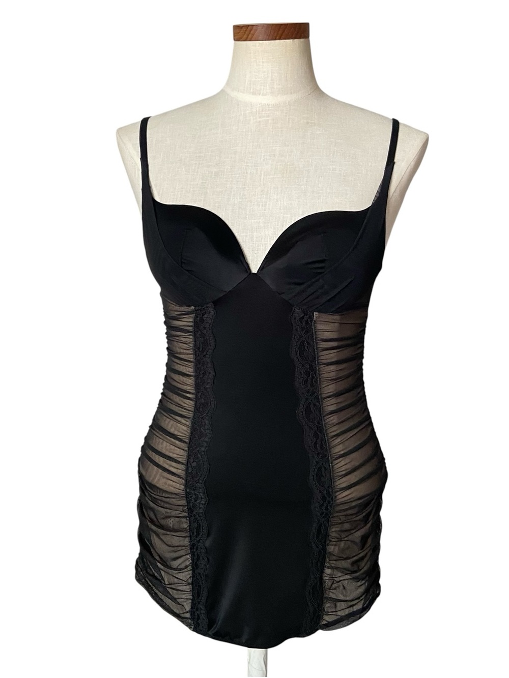 Victoria’s Secret Black Nude Sheer Mesh Nylon Lace Lingerie Bustier Teddy 34B